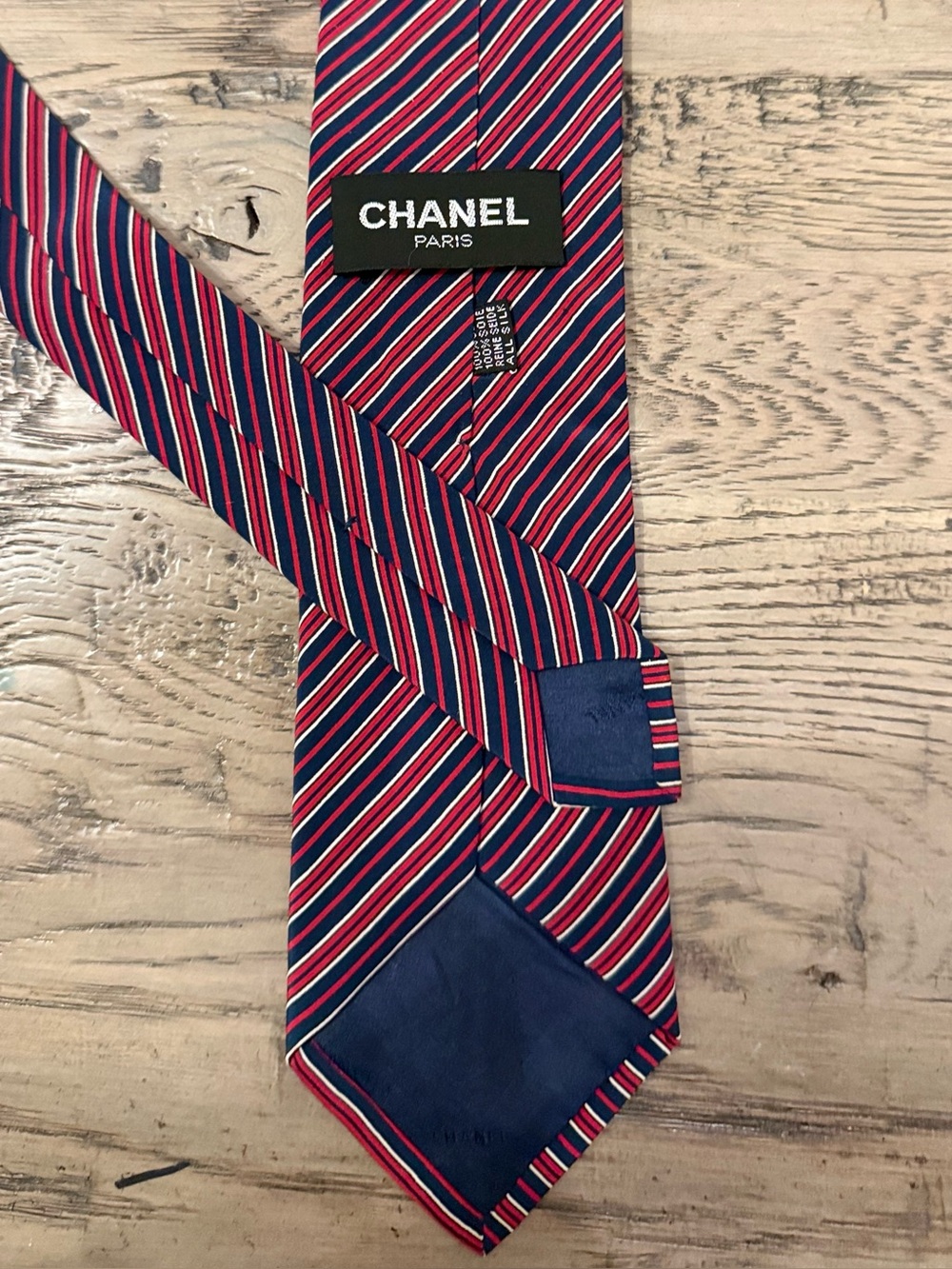 CHANEL Red and Navy Diagonal Stripe Silk Tie